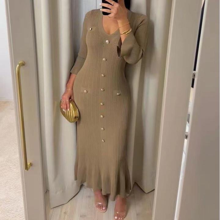 Wholesale High Quality V Neck Ribbed Knitted Ruffles Bottom Women Dress Sehe Fashion