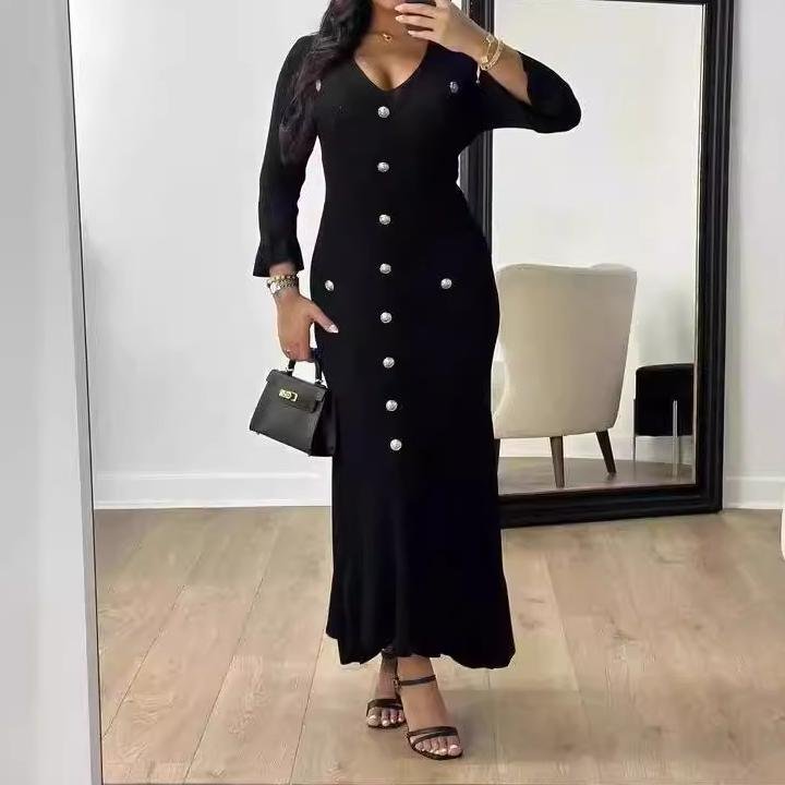Wholesale High Quality V Neck Ribbed Knitted Ruffles Bottom Women Dress Sehe Fashion