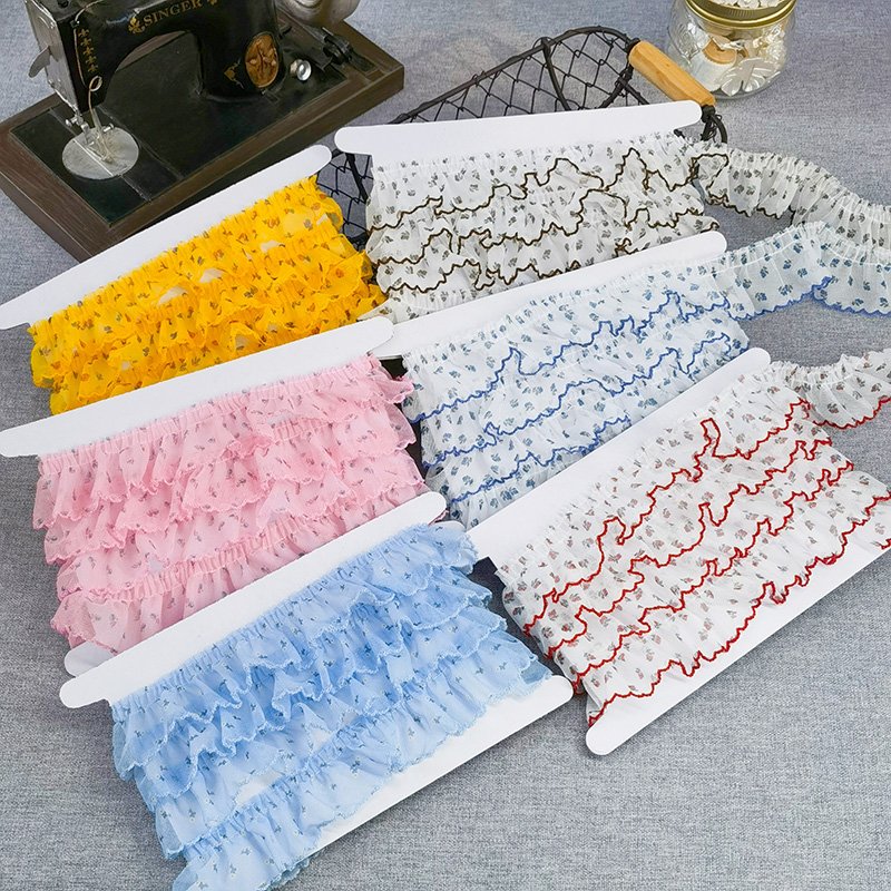 4CM Wide Colorful Pastoral Flowers Net Yarn Ruffle Lace Pleated Fabric Mesh Embroidered Ribbon Dress Curtains Handmade Sewing