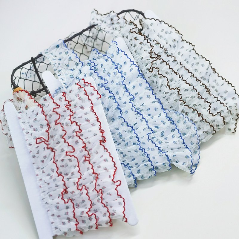 4CM Wide Colorful Pastoral Flowers Net Yarn Ruffle Lace Pleated Fabric Mesh Embroidered Ribbon Dress Curtains Handmade Sewing