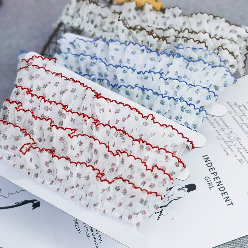 4CM Wide Colorful Pastoral Flowers Net Yarn Ruffle Lace Pleated Fabric Mesh Embroidered Ribbon Dress Curtains Handmade Sewing