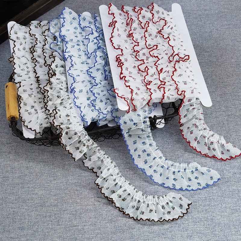 4CM Wide Colorful Pastoral Flowers Net Yarn Ruffle Lace Pleated Fabric Mesh Embroidered Ribbon Dress Curtains Handmade Sewing
