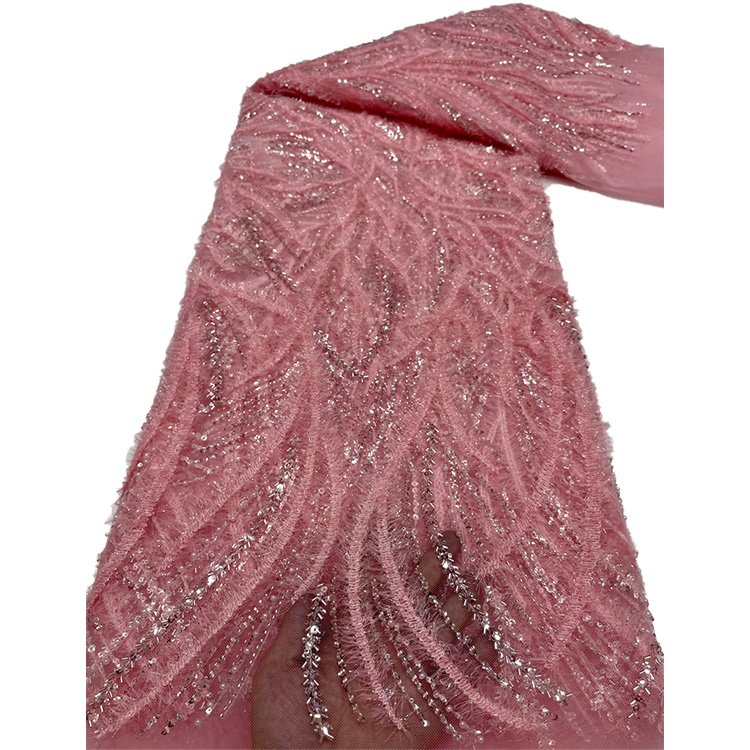 Wool Ribbon Pearls Bead Embroidery Fabric Mesh Lace African Pink Lace Fabric