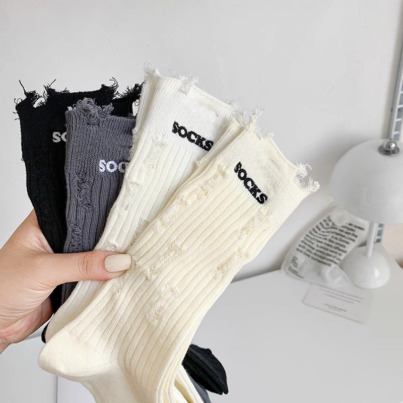 Women Ripped Hole Beggar Colorful Fashion Ribbed Thin Dress Casual Color Crew Women Socks