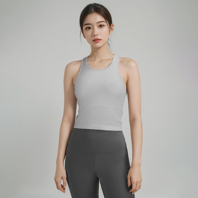 Yoga Wear Women's Sports Short Vest With High Elastic Knitted Rib Over Summer Nylon Comfort With Chest Cushion Back Vest