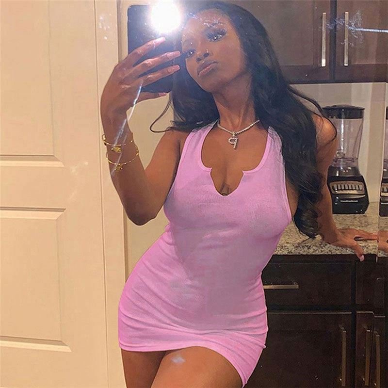 Custom Logo Mini Womens Dresses V Neck Pink Ribbed Tank Top Dress Casual Lady Elegant Knitted Ladies Bodycon Dress