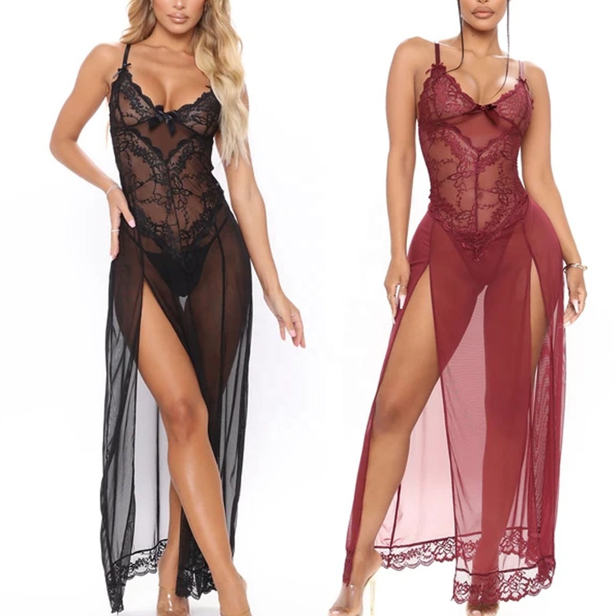 New Design Sexy See-through Lace Lingerie Open Dresses Women Low-cut Embroidery Mesh Women's Sexy Underwear