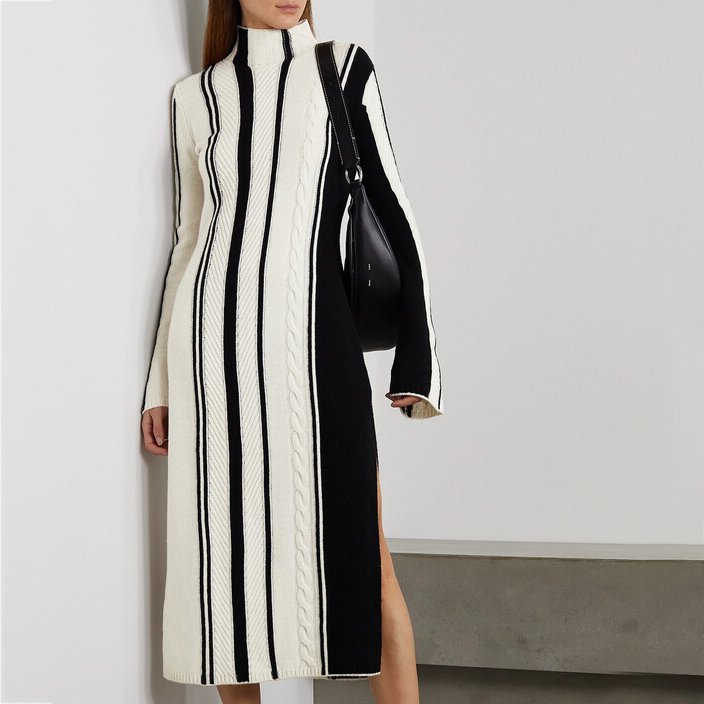 Knitwear manufacturer custom contrast color stripe high neck long sleeve split long women maxi casual sweater knit dress