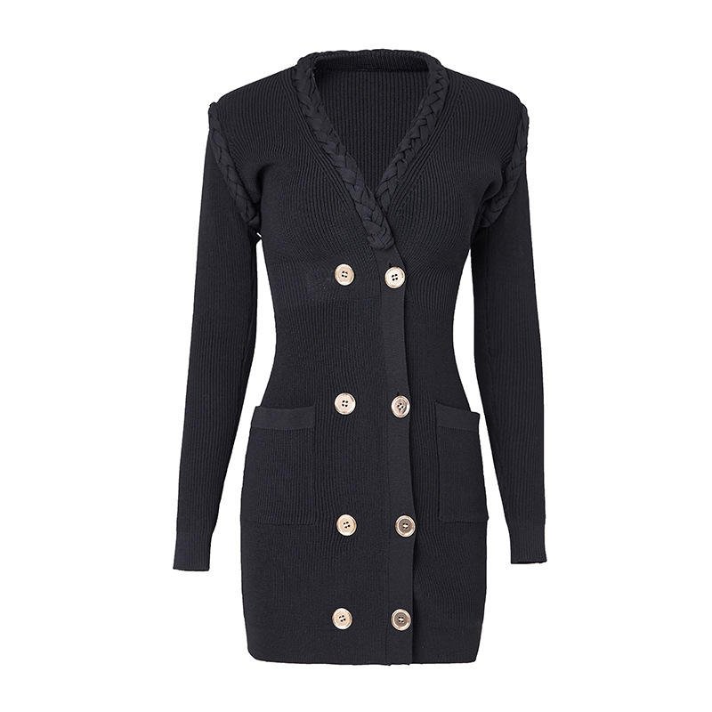 Spring New Fashion Custom V Neck Braided Sexy Slim Coat Viscose Rib Knit Dress Women Sweater