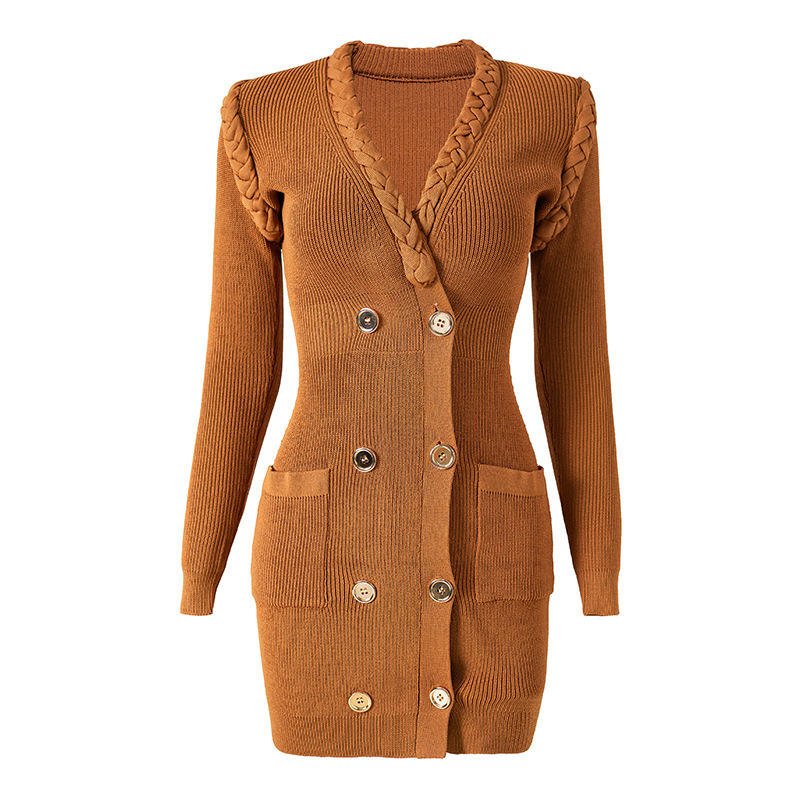 Spring New Fashion Custom V Neck Braided Sexy Slim Coat Viscose Rib Knit Dress Women Sweater