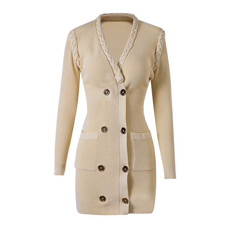 Spring New Fashion Custom V Neck Braided Sexy Slim Coat Viscose Rib Knit Dress Women Sweater
