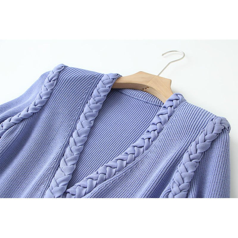 Spring New Fashion Custom V Neck Braided Sexy Slim Coat Viscose Rib Knit Dress Women Sweater