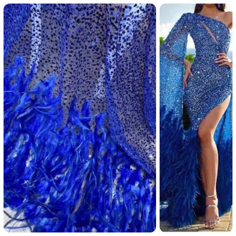 Luxury african lace fabric with pink feather sequins shining wedding bridal tulle lace dress fabric for 5 yards