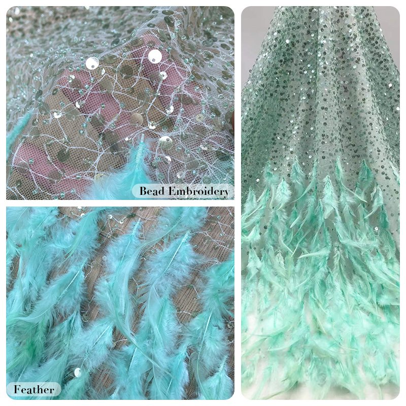 Luxury african lace fabric with pink feather sequins shining wedding bridal tulle lace dress fabric for 5 yards