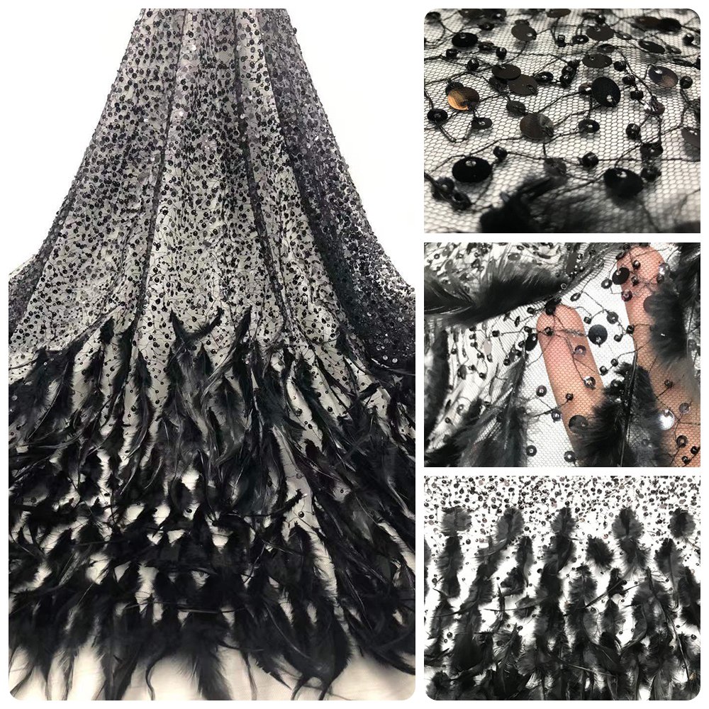 Luxury african lace fabric with pink feather sequins shining wedding bridal tulle lace dress fabric for 5 yards