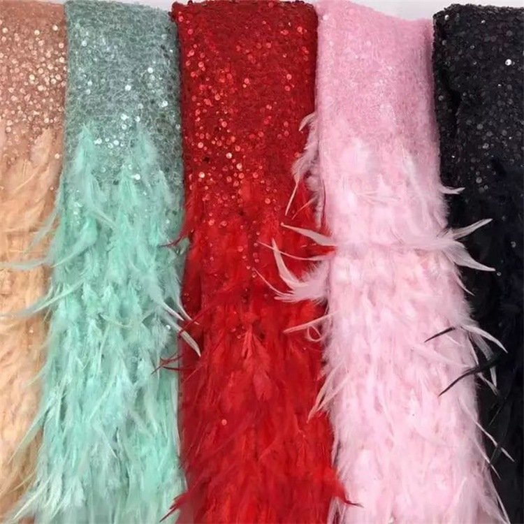 Luxury african lace fabric with pink feather sequins shining wedding bridal tulle lace dress fabric for 5 yards