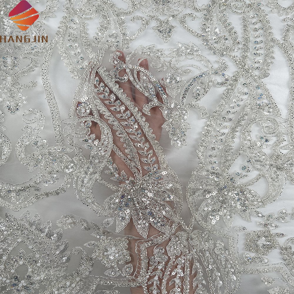 High Quality Bridal Lace Fabric Luxury Heavy Handmade Beaded Lace Fabric with Sequins Embroidery White French Net Wedding Lace