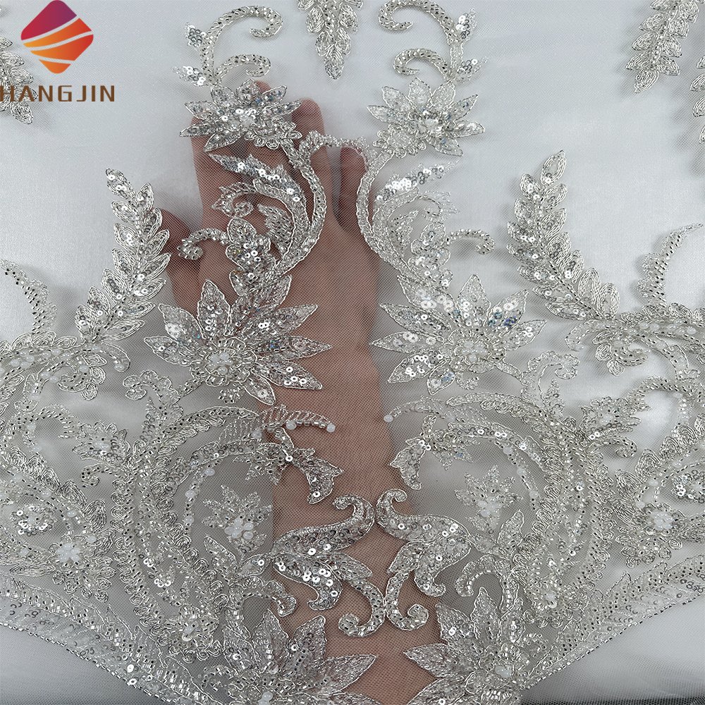 High Quality Bridal Lace Fabric Luxury Heavy Handmade Beaded Lace Fabric with Sequins Embroidery White French Net Wedding Lace