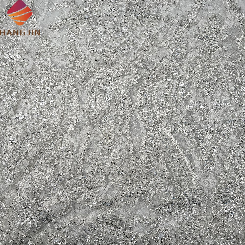 High Quality Bridal Lace Fabric Luxury Heavy Handmade Beaded Lace Fabric with Sequins Embroidery White French Net Wedding Lace