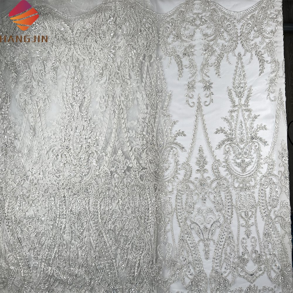 High Quality Bridal Lace Fabric Luxury Heavy Handmade Beaded Lace Fabric with Sequins Embroidery White French Net Wedding Lace