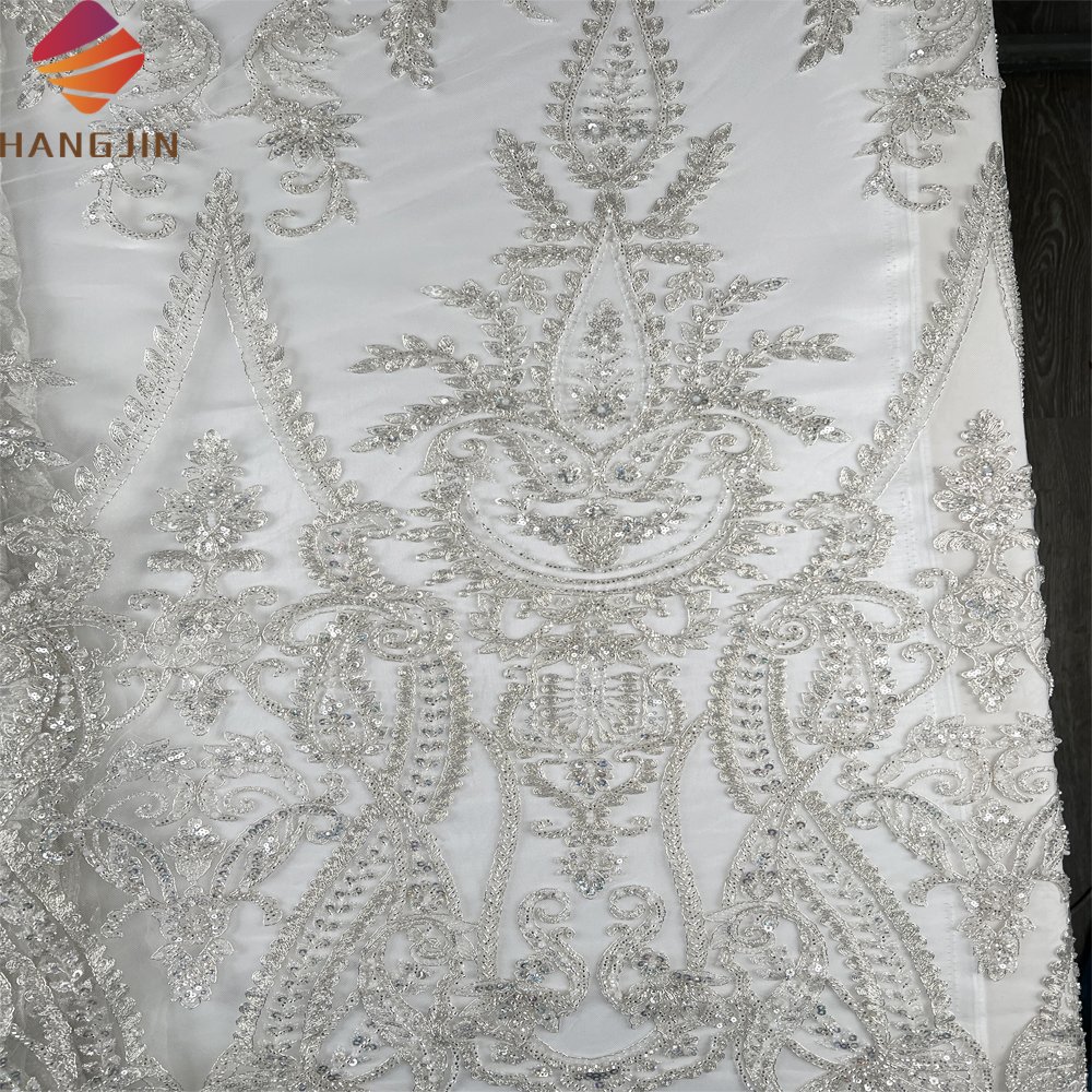 High Quality Bridal Lace Fabric Luxury Heavy Handmade Beaded Lace Fabric with Sequins Embroidery White French Net Wedding Lace
