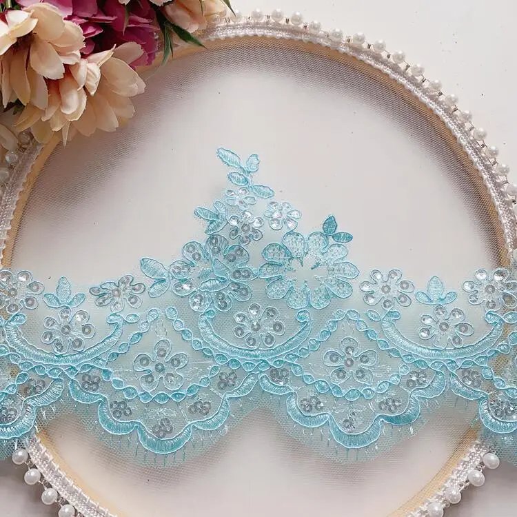 13cm Gray Ivory Sequin Cording Fabric Flower Venise Mesh Lace Trim Applique Sewing Crart for Wedding Dec