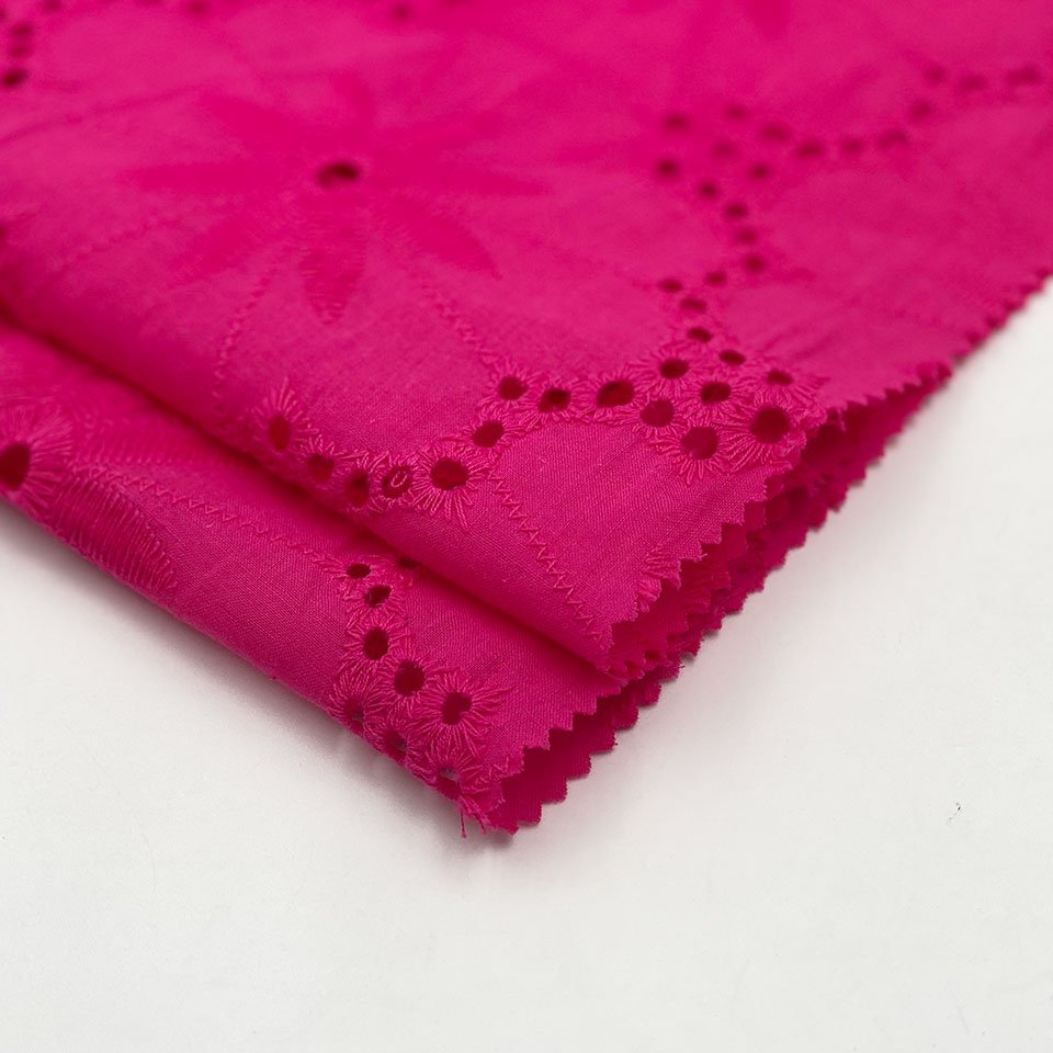 Custom bright colour rose red laser cut voile lace hole eyelet cotton embroidery fabric wholesale