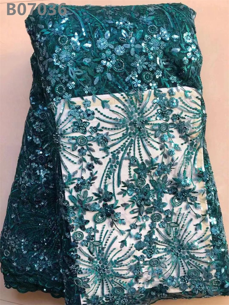 Blue Beaded Fabric Bridal Luxury Tulle Lace Sequins Embroidery African Lace Fabric
