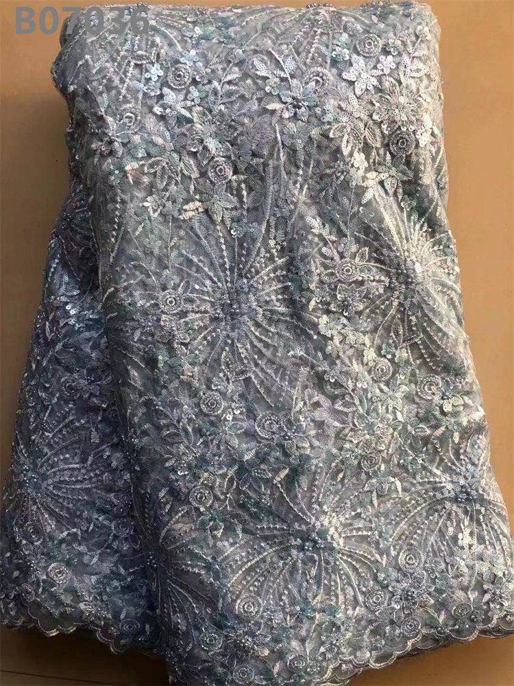 Blue Beaded Fabric Bridal Luxury Tulle Lace Sequins Embroidery African Lace Fabric
