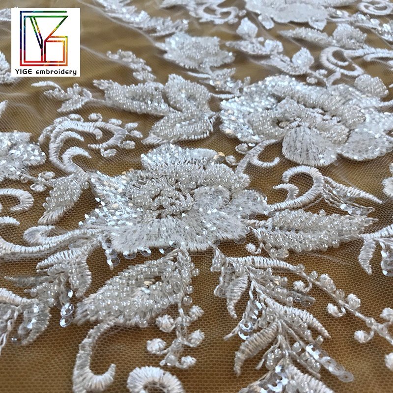 2022 New luxury 3d heavy beaded white High Quality Tulle wedding lace with sequins bridal lace dress for