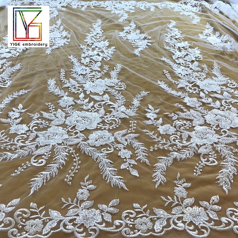 2022 New luxury 3d heavy beaded white High Quality Tulle wedding lace with sequins bridal lace dress for