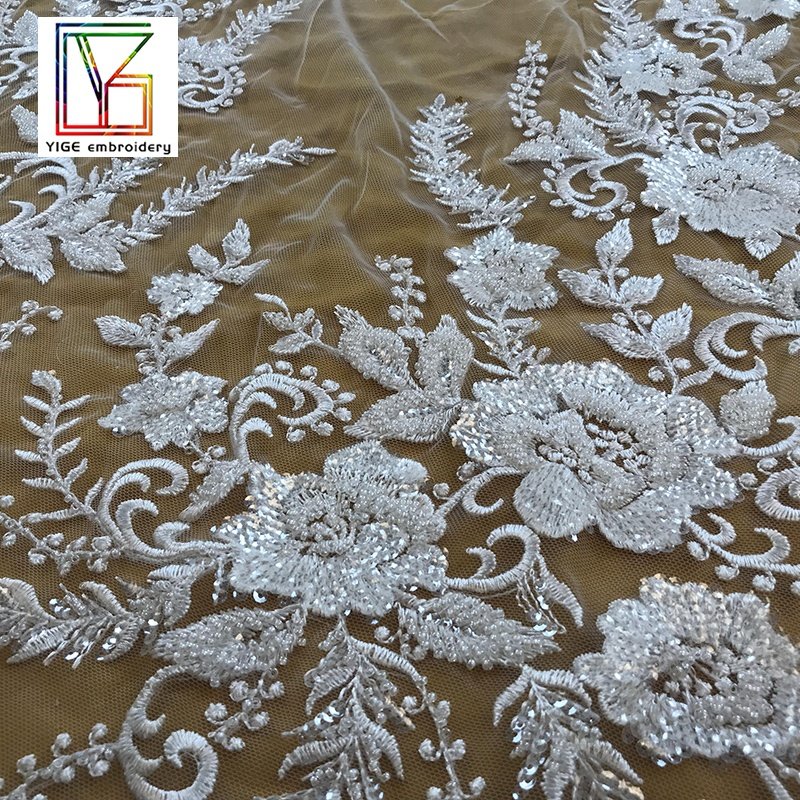 2022 New luxury 3d heavy beaded white High Quality Tulle wedding lace with sequins bridal lace dress for