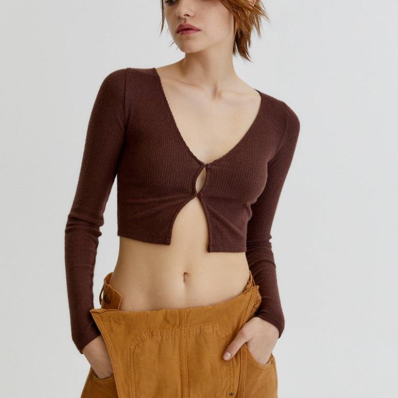 Runwaylove E3579 NEW RIB BROWN LONG SLEEVE SHORTS BUTTON UP CROP TOP