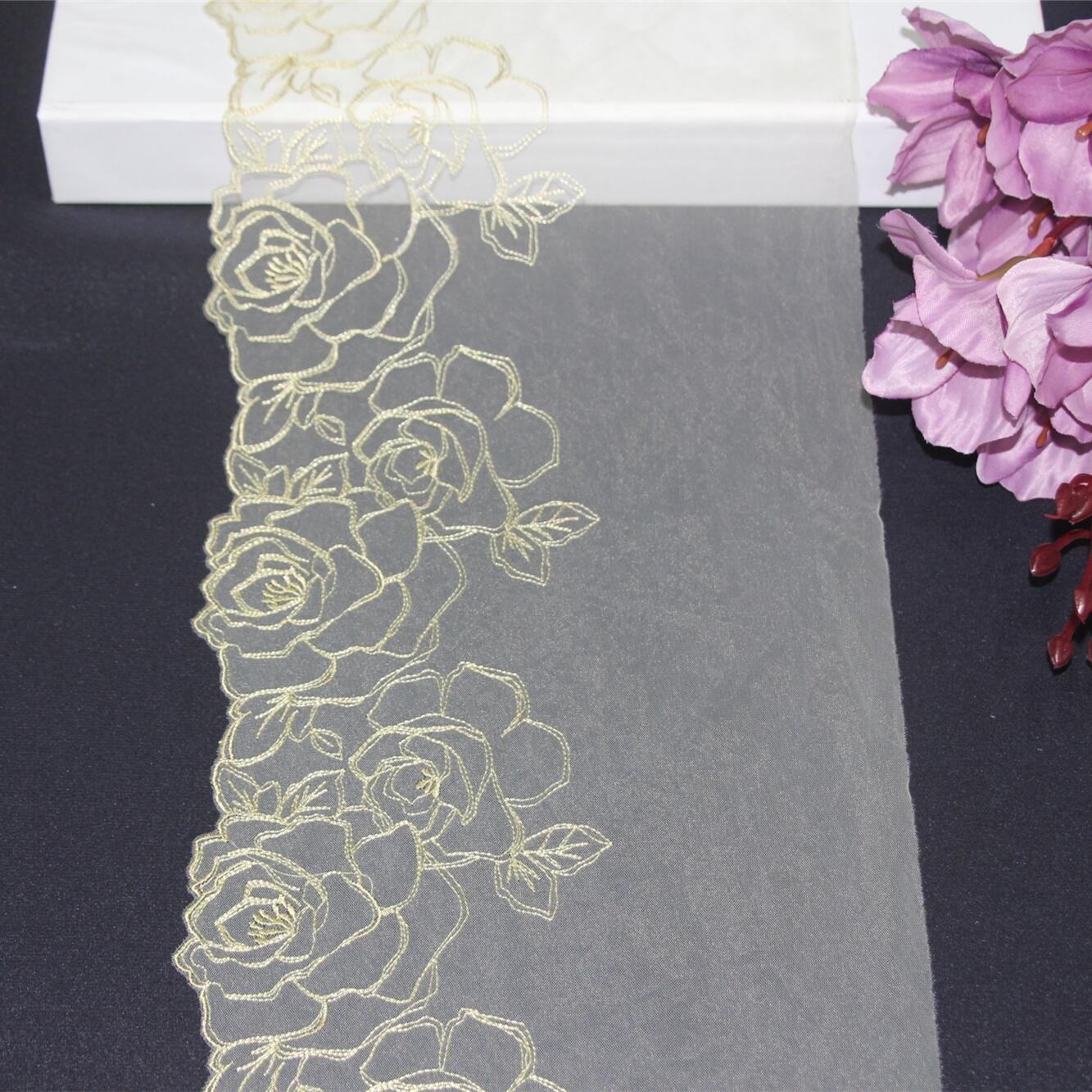 Black Rose Nylon Tulle Vivid Colorful Flower Embroidery Lace Trim Fabric For Ladies Bra
