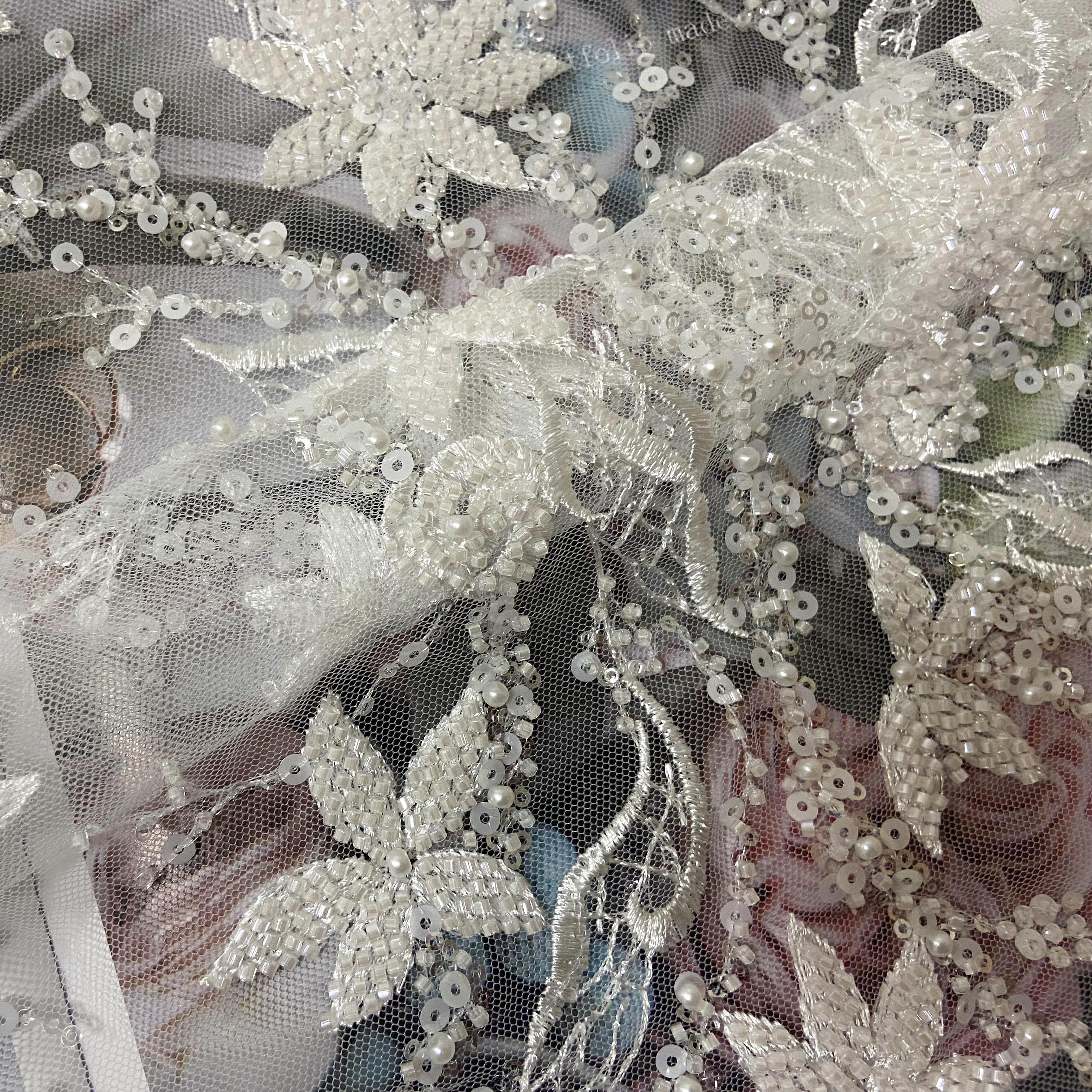 Flower embroidery white bridal lace fabric