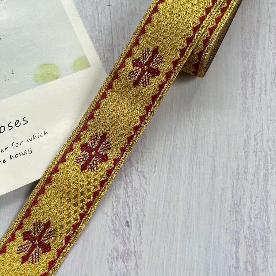 Ethnic Style Lace Jacquard Webbing Woven Gold wire cross pattern For Garment Accessories Width 3.3 cm ST-2039