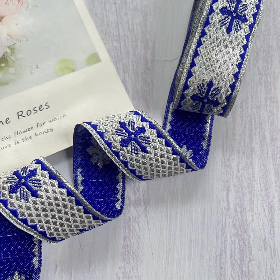 Ethnic Style Lace Jacquard Webbing Woven Gold wire cross pattern For Garment Accessories Width 3.3 cm ST-2039