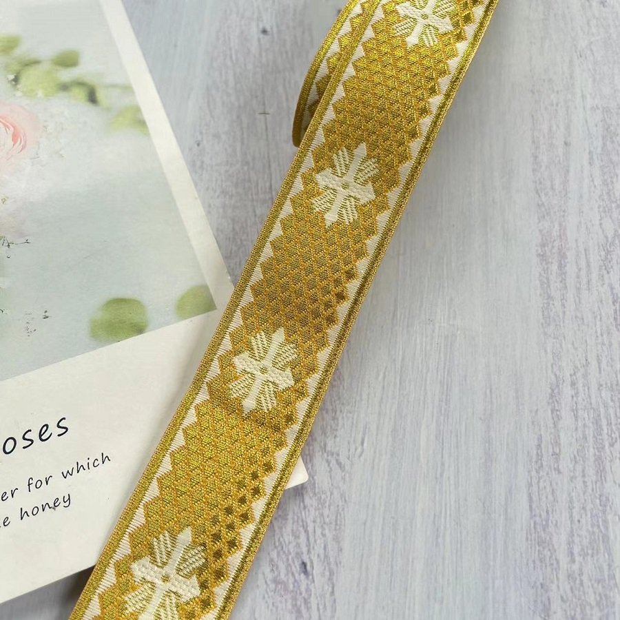 Ethnic Style Lace Jacquard Webbing Woven Gold wire cross pattern For Garment Accessories Width 3.3 cm ST-2039