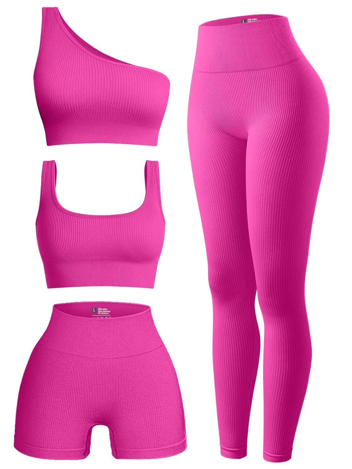 Women's Seamless 4-Piece Active Set Ribbed Exercise Sports Bra Scoop Neck One Shoulder Tops High Waist Shorts Leggings Fitness