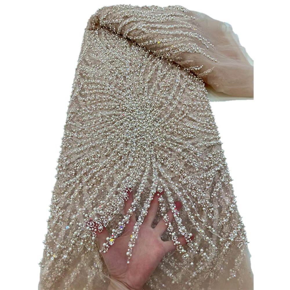 NI.AI Luxury Embroidery Sequence Lace Bridal Sequin Beads Wedding Lace Fabric Beaded Lace Fabric