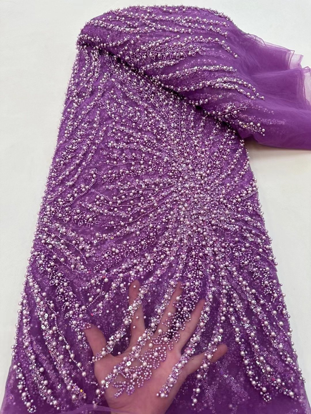 NI.AI Luxury Embroidery Sequence Lace Bridal Sequin Beads Wedding Lace Fabric Beaded Lace Fabric