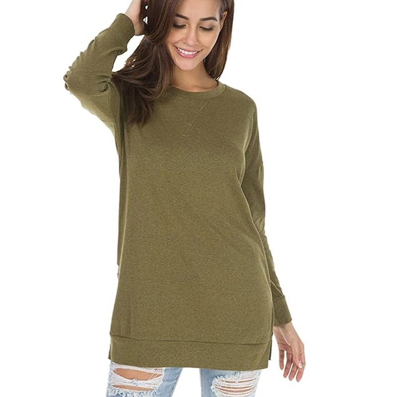 Casual Pullover Tunic Tops Round Collar Long Fitted Ribbed T-shirt Custom Long Sleeve Side Split Loose Women&#39;s Fall Autumn