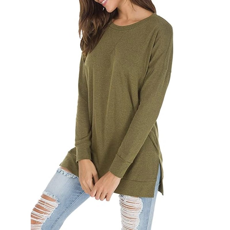 Casual Pullover Tunic Tops Round Collar Long Fitted Ribbed T-shirt Custom Long Sleeve Side Split Loose Women&#39;s Fall Autumn