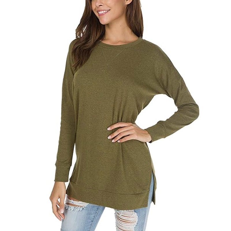Casual Pullover Tunic Tops Round Collar Long Fitted Ribbed T-shirt Custom Long Sleeve Side Split Loose Women&#39;s Fall Autumn