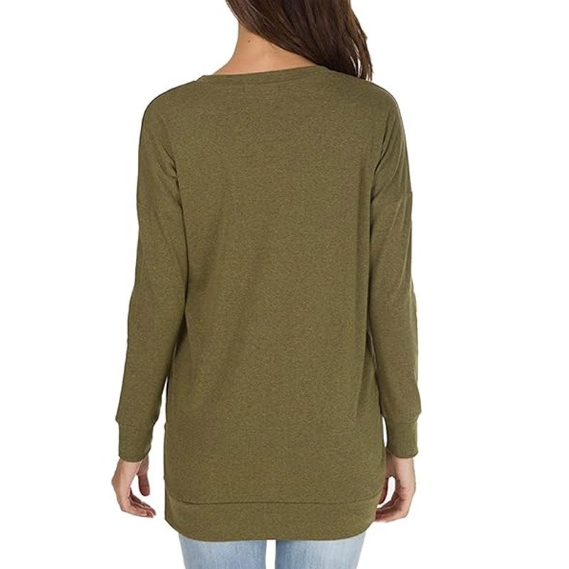 Casual Pullover Tunic Tops Round Collar Long Fitted Ribbed T-shirt Custom Long Sleeve Side Split Loose Women&#39;s Fall Autumn
