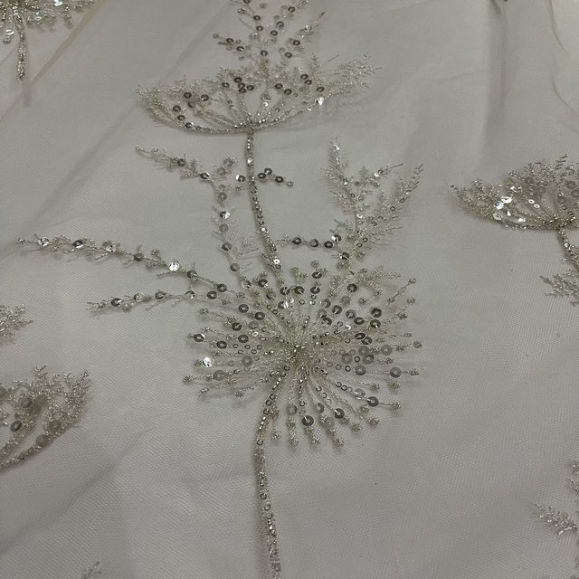 Dandelion design Polyester Luxury Beautiful Gauze Tulle Sequin Embroidered Bridal Glitter Fabric For Wedding Dress
