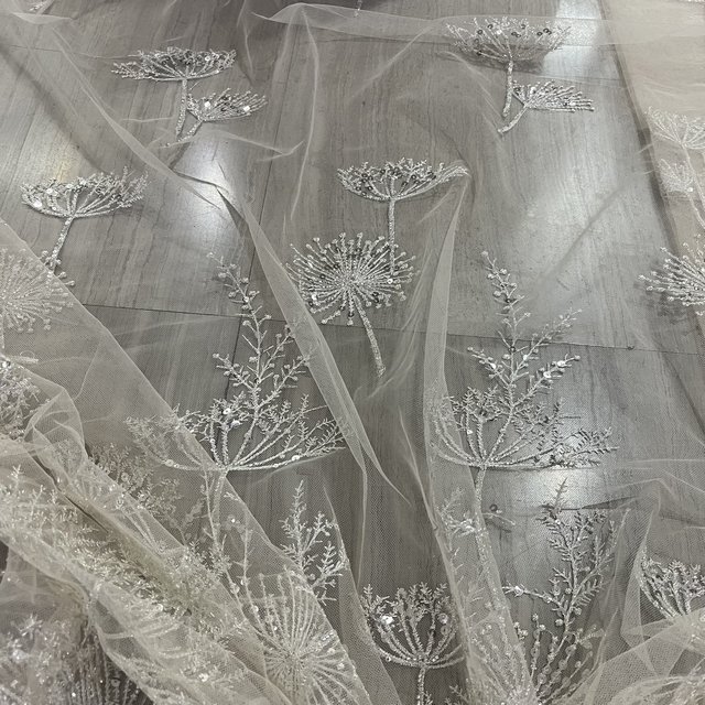 Dandelion design Polyester Luxury Beautiful Gauze Tulle Sequin Embroidered Bridal Glitter Fabric For Wedding Dress