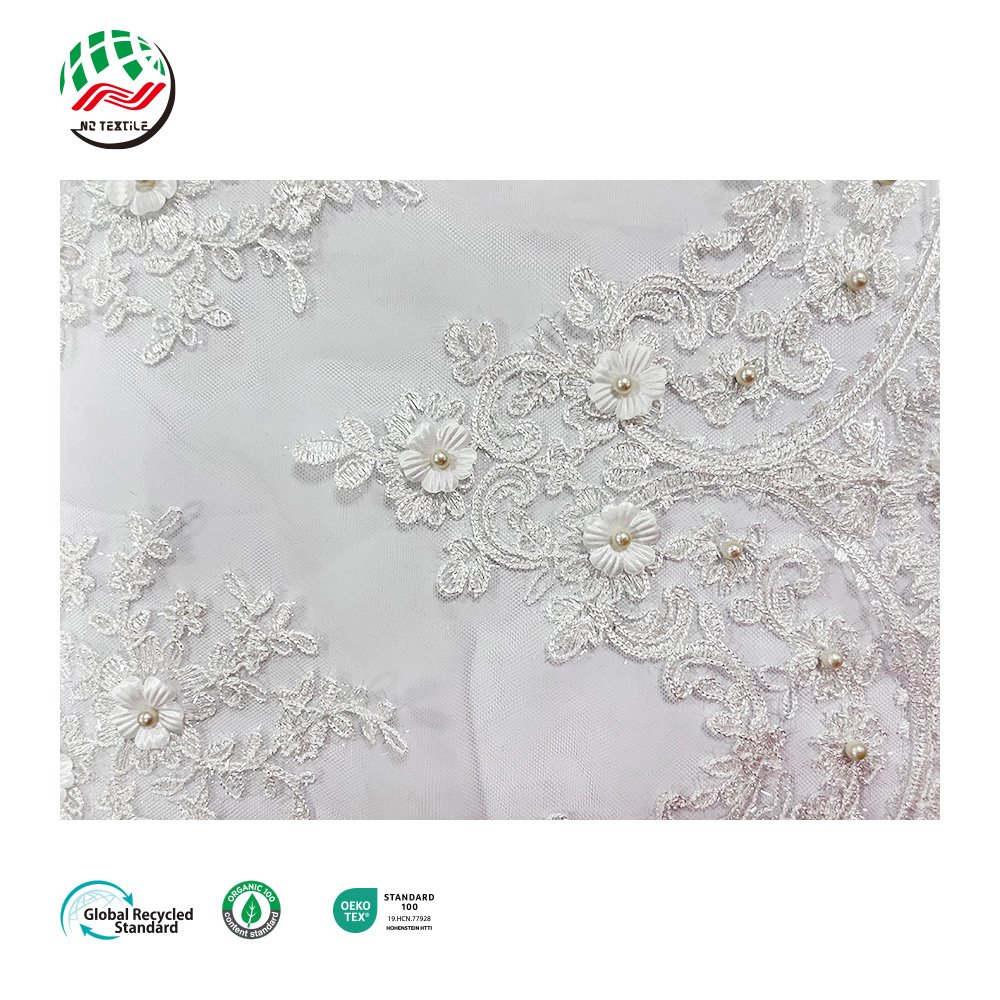 Wholesale White 3D Flower Tulle Beaded Mesh Embroidery Lace with Flowers Fabric for Dresses