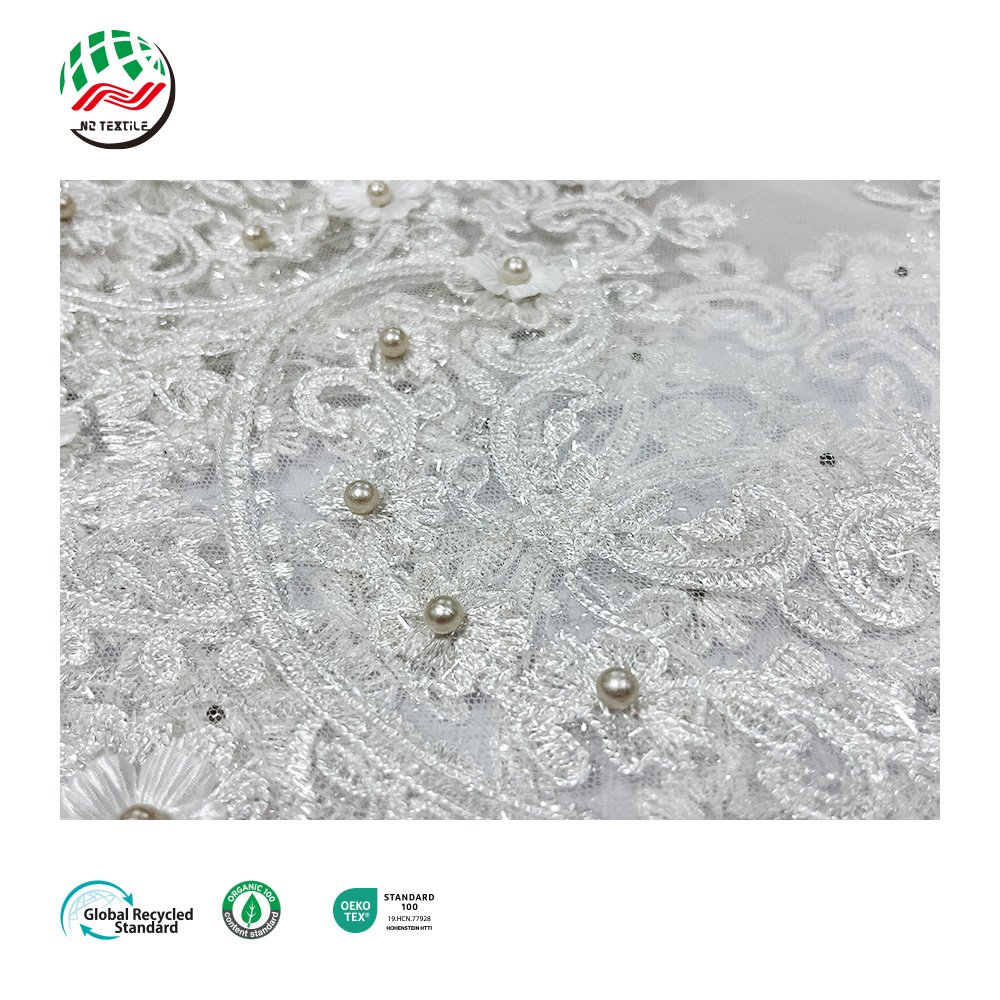 Wholesale White 3D Flower Tulle Beaded Mesh Embroidery Lace with Flowers Fabric for Dresses