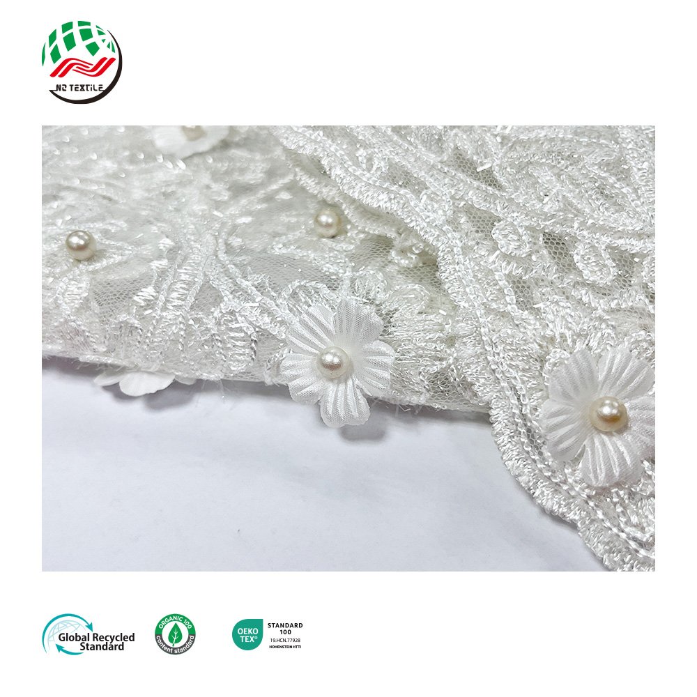 Wholesale White 3D Flower Tulle Beaded Mesh Embroidery Lace with Flowers Fabric for Dresses